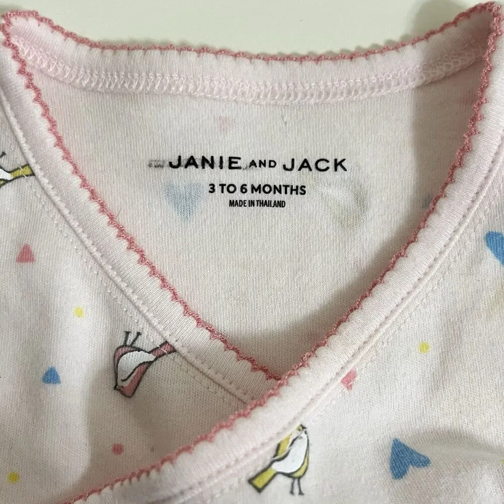 Janie and Jack Pink Bird Heart Kimono Top Footed Pants Set Baby Girl 3-6 Months